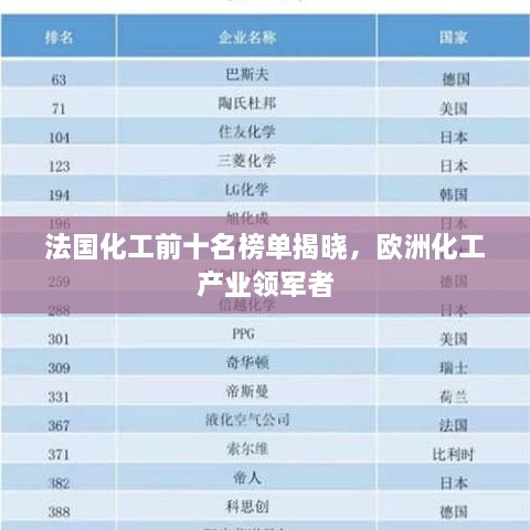 法国化工前十名榜单揭晓，欧洲化工产业领军者